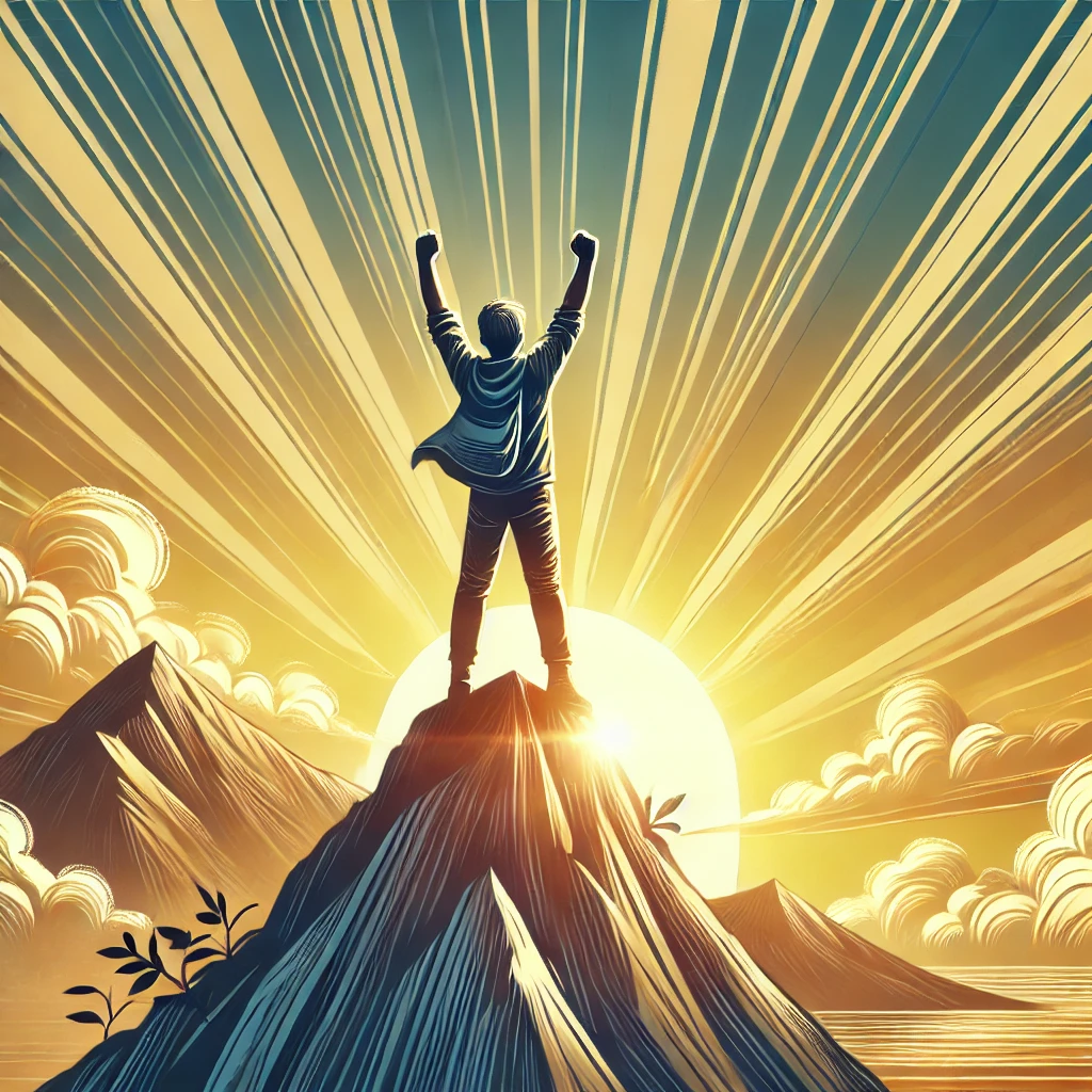 An uplifting illustration of a student standing on a peak with arms raised in triumph, symbolizing success and overcoming challenges. The background features a bright and expansive sunrise, representing a new beginning and hope. The atmosphere is motivational and victorious, designed for blog use with a 16:9 aspect ratio.