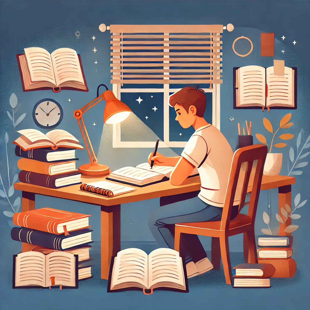 An illustration of a determined student sitting at a study desk, surrounded by open books, notebooks, and a warm lamp light, symbolizing late-night dedication to exam preparation. The setting is cozy and focused, with a calm and motivational atmosphere, designed for blog use with a 16:9 aspect ratio.