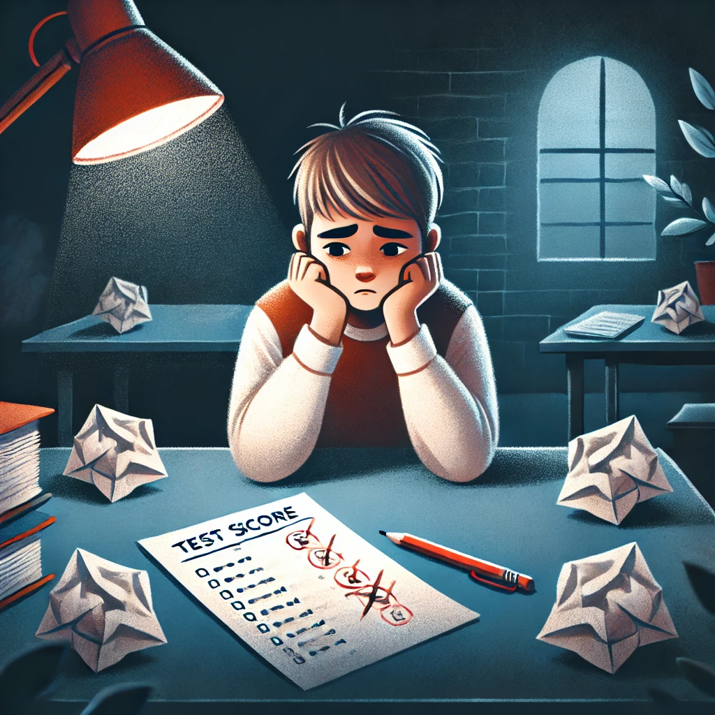 An emotional illustration of a student sitting at a desk with a sad and reflective expression, surrounded by crumpled notes and a test paper marked with a low score. The room is dimly lit, evoking a sense of failure and determination to improve. The atmosphere is realistic and somber, designed for blog use with a 16:9 aspect ratio.