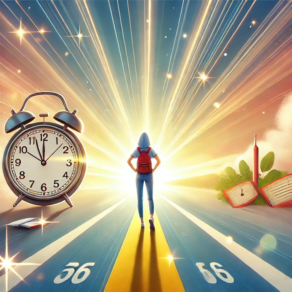 An inspiring illustration of a student standing confidently at the start of a straight, brightly lit path, symbolizing determination and taking immediate action. The background includes soft sunlight and motivational elements like a clock showing urgency. The atmosphere is uplifting and dynamic, designed for blog use with a 16:9 aspect ratio.