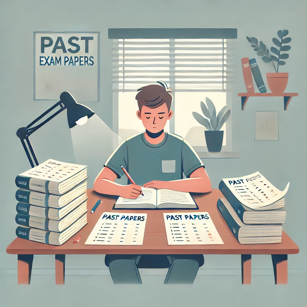 An illustration of a student sitting at a desk, focused on solving past exam papers. The desk is organized with open notebooks, a stack of past papers, and a pencil in hand. The atmosphere is calm and studious, symbolizing preparation for written exams. The background includes a simple study room with a window letting in soft natural light. Designed for blog use with a 16:9 aspect ratio.