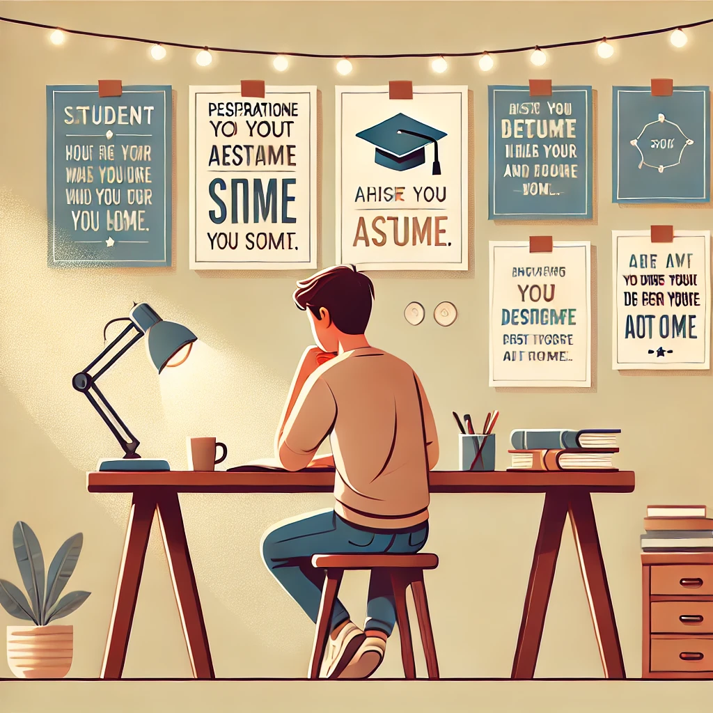 An illustration of a student sitting calmly at a desk, deep in thought, with motivational quotes or affirmations pinned on the wall. The desk is neat, with books and a cup of tea, creating a peaceful and focused atmosphere. The background shows soft lighting, symbolizing clarity and preparation. Designed for blog use with a 16:9 aspect ratio.