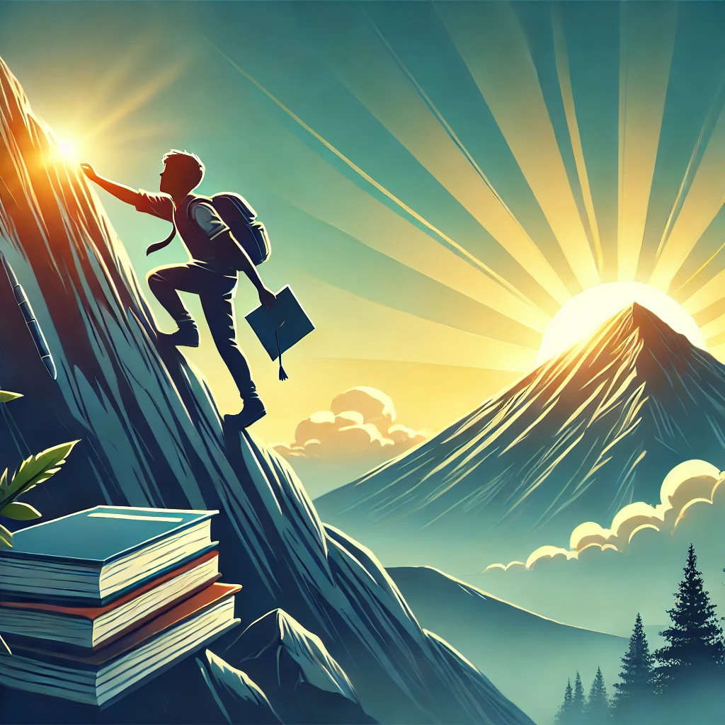 An inspiring illustration of a student climbing a steep mountain, symbolizing perseverance and determination to reach the top. The background includes a sunrise breaking over the horizon, emphasizing hope and success. The atmosphere is motivational and uplifting, designed for blog use with a 16:9 aspect ratio.